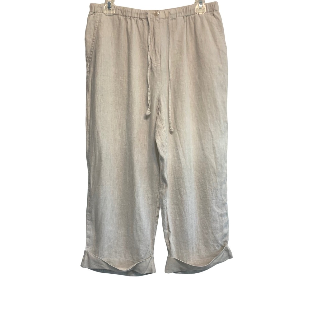 JM Collection Linen Crop Pants 14P Beige Drawstring Elastic Waist Chic Petite